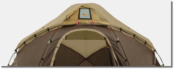 薪ストーブ用煙筒ポート、チムニーホール（煙突穴）付き大型テント、ドーム型ファミリーテント